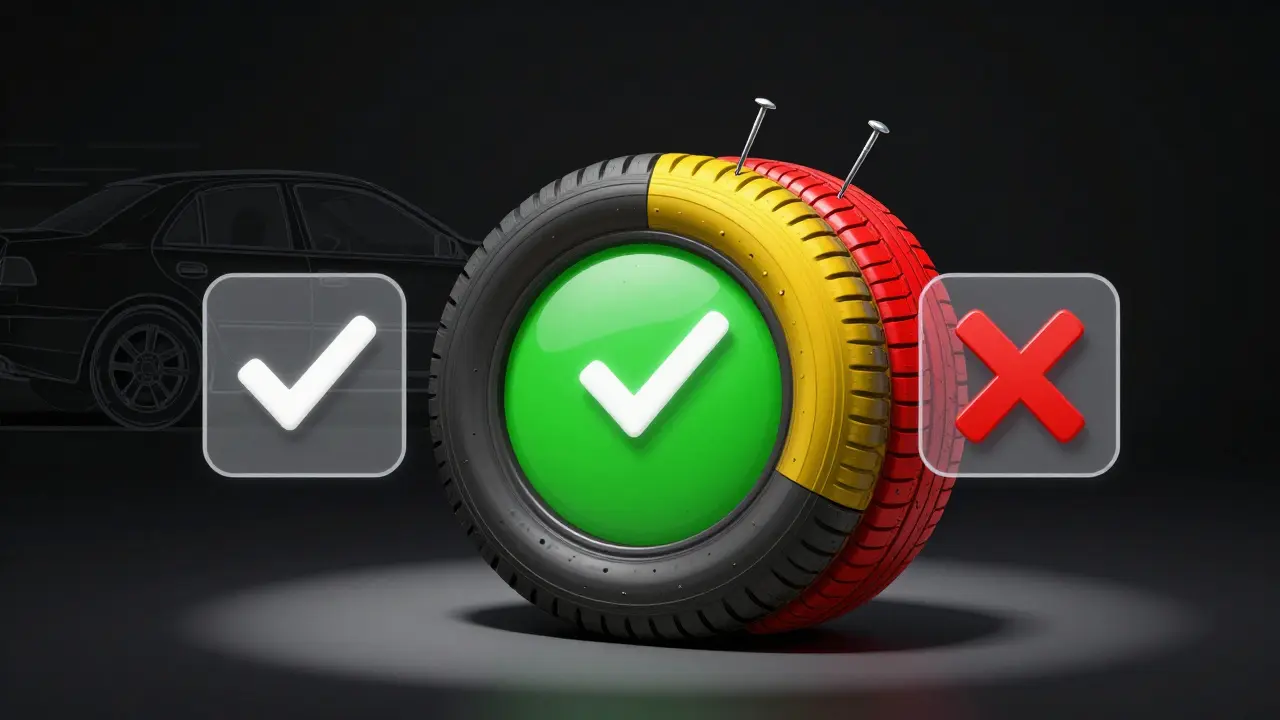 Pneumatika rozdělená na tři zóny: střed opravitelný, rameno rizikové, bok neopravitelný s hřebíkem v každé zóně.