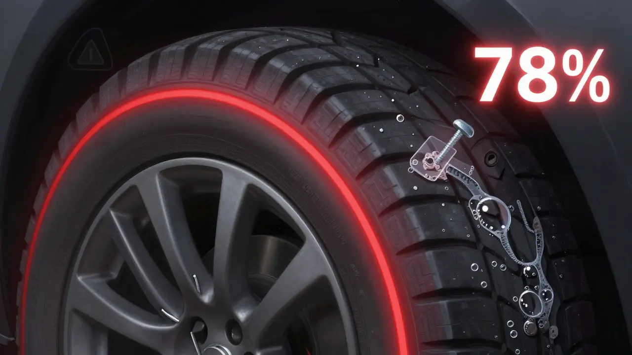 Pneumatika s označenými zónami nejčastějších děr a bublinami od sojové vody.