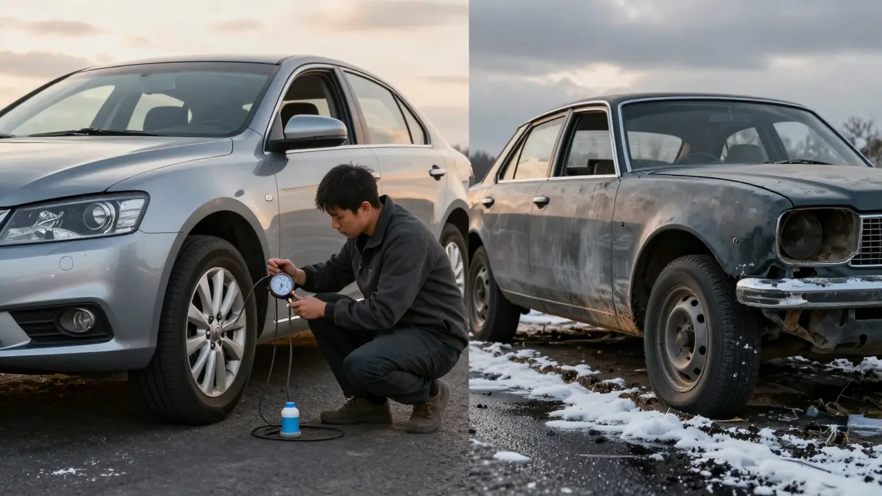 Porovnání správně udržovaného auta a opomenutého klasického vozu s plněnými pneumatikami.