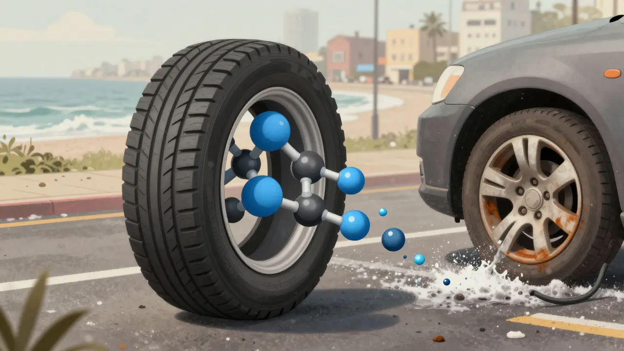 Přehled molekul dusíku a vzduchu v pneumatice s ukázkou pomalejšího úniku dusíku.