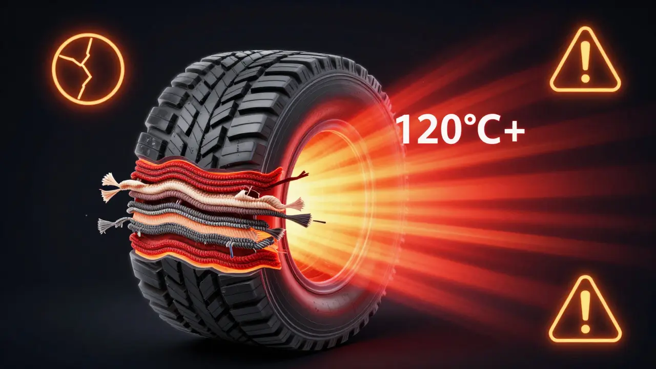 Průřez nízkoprofilové pneumatiky s poškozenými kordy kvůli přetížení a přehřátí.