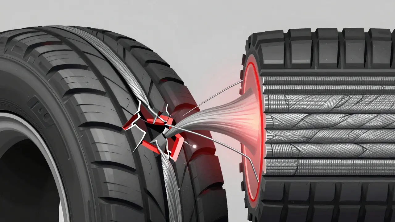 Průřez poškozené pneumatiky s roztříštěnými kordy a vytlačeným výběžkem.