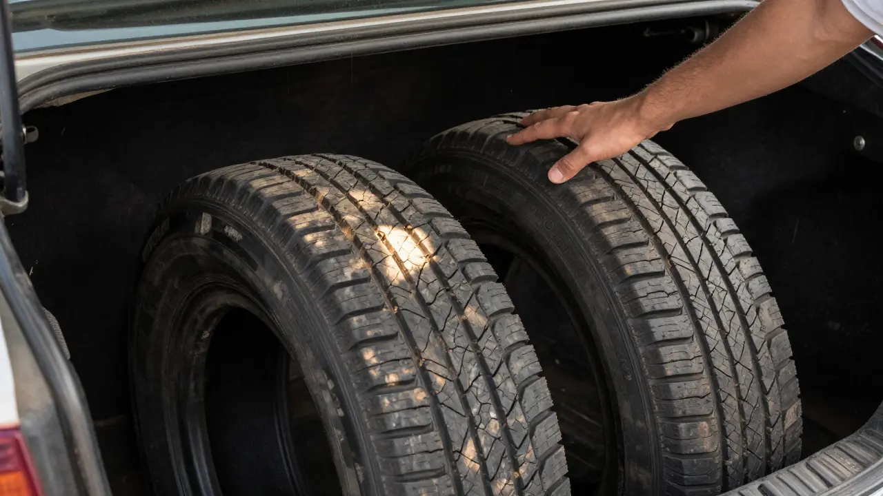 Rezervní pneumatika vedle nové v kufříku auta, stará s prasklinami.