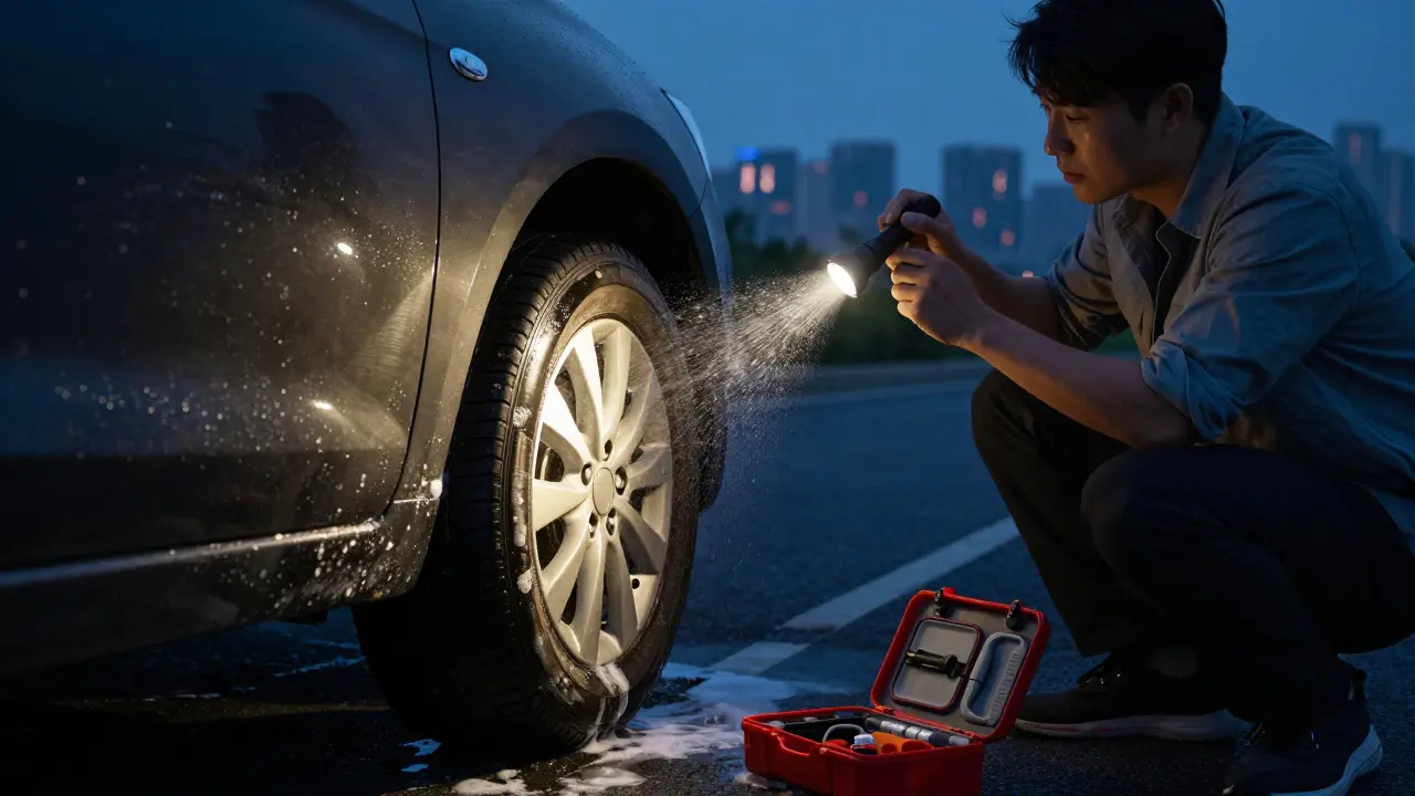 Řidič kontroluje opravu pneumatiky pomocí mýdlové vody a bublin, večer pod světlem baterie.