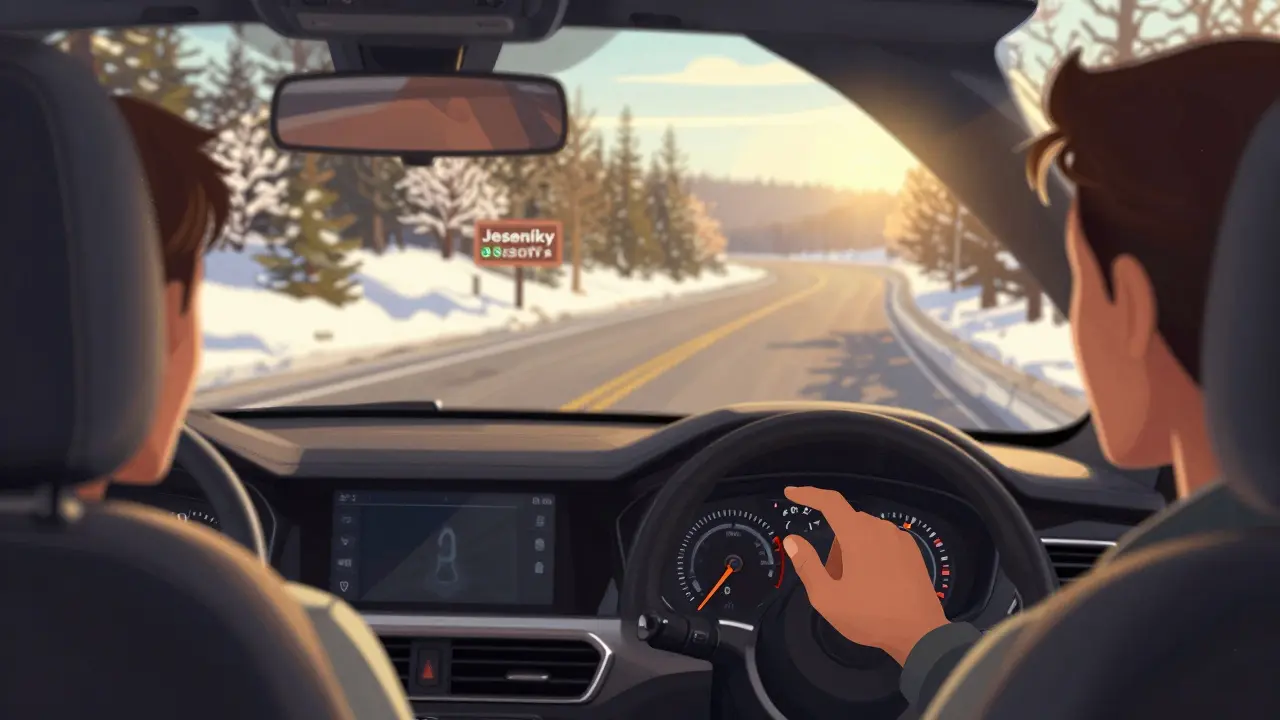 Řidič kontroluje teploměr v autě, venku je slunečná cesta s teplotou 8,2 °C.