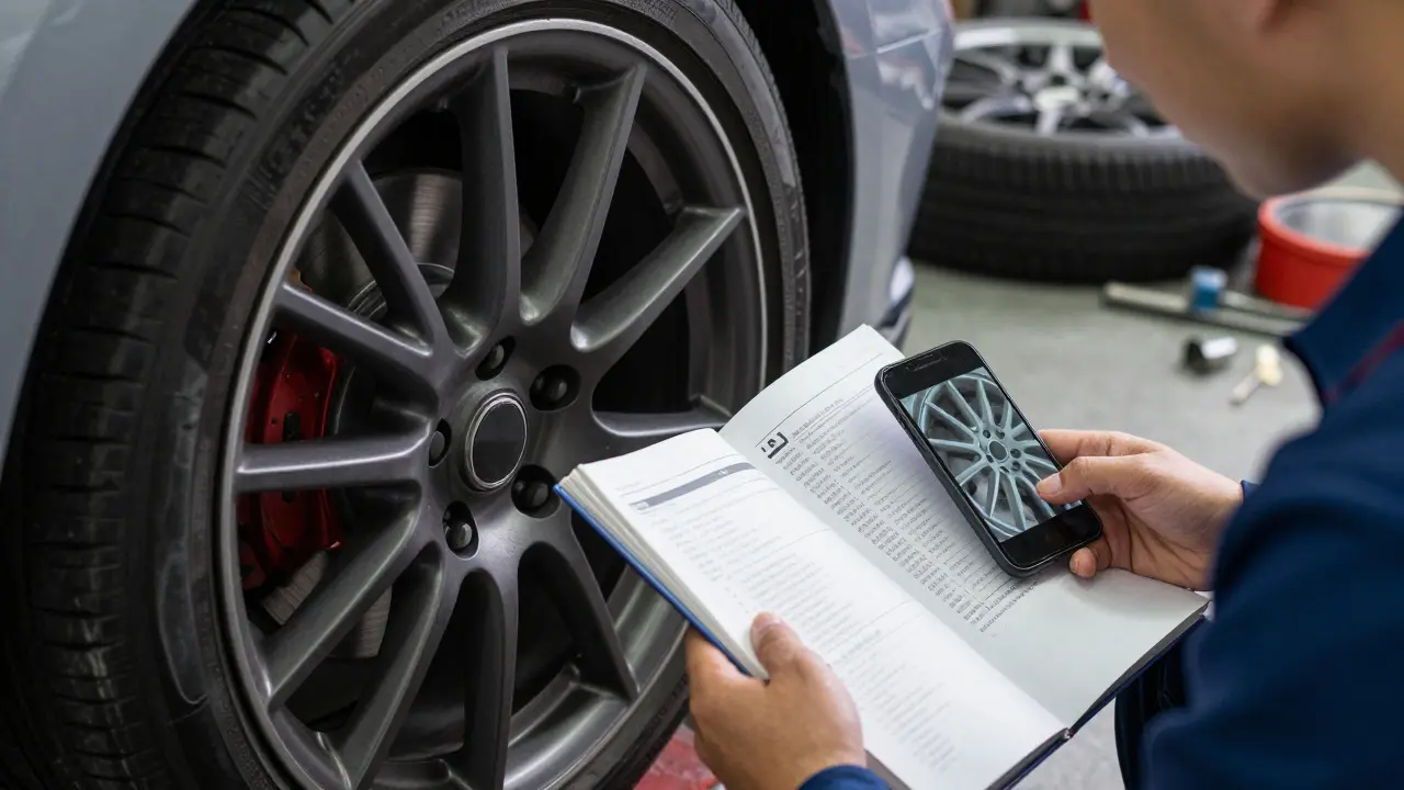 Řidič prohlíží vnitřní označení kola při světle garážového osvětlení