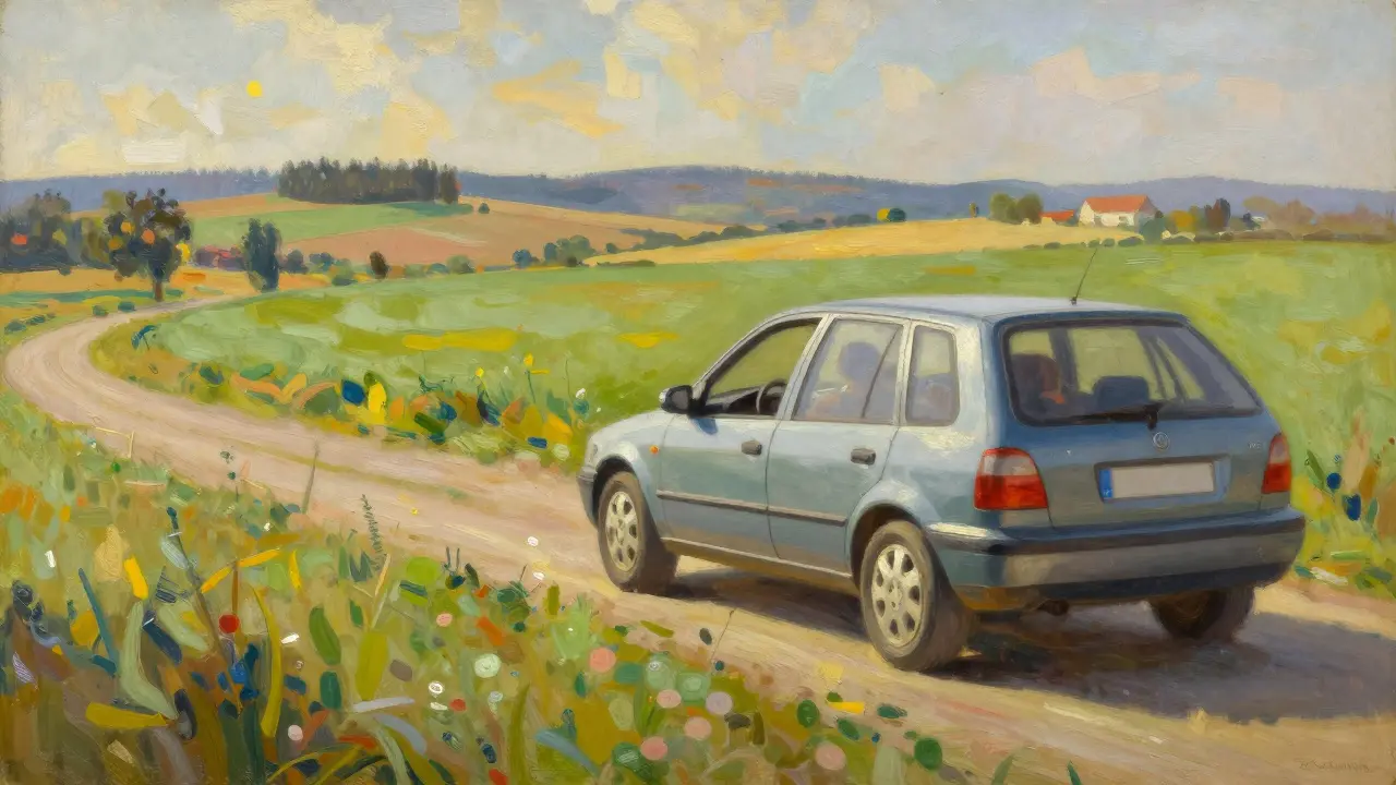 Rodinné auto s pneumatikami třídy C v české krajině.