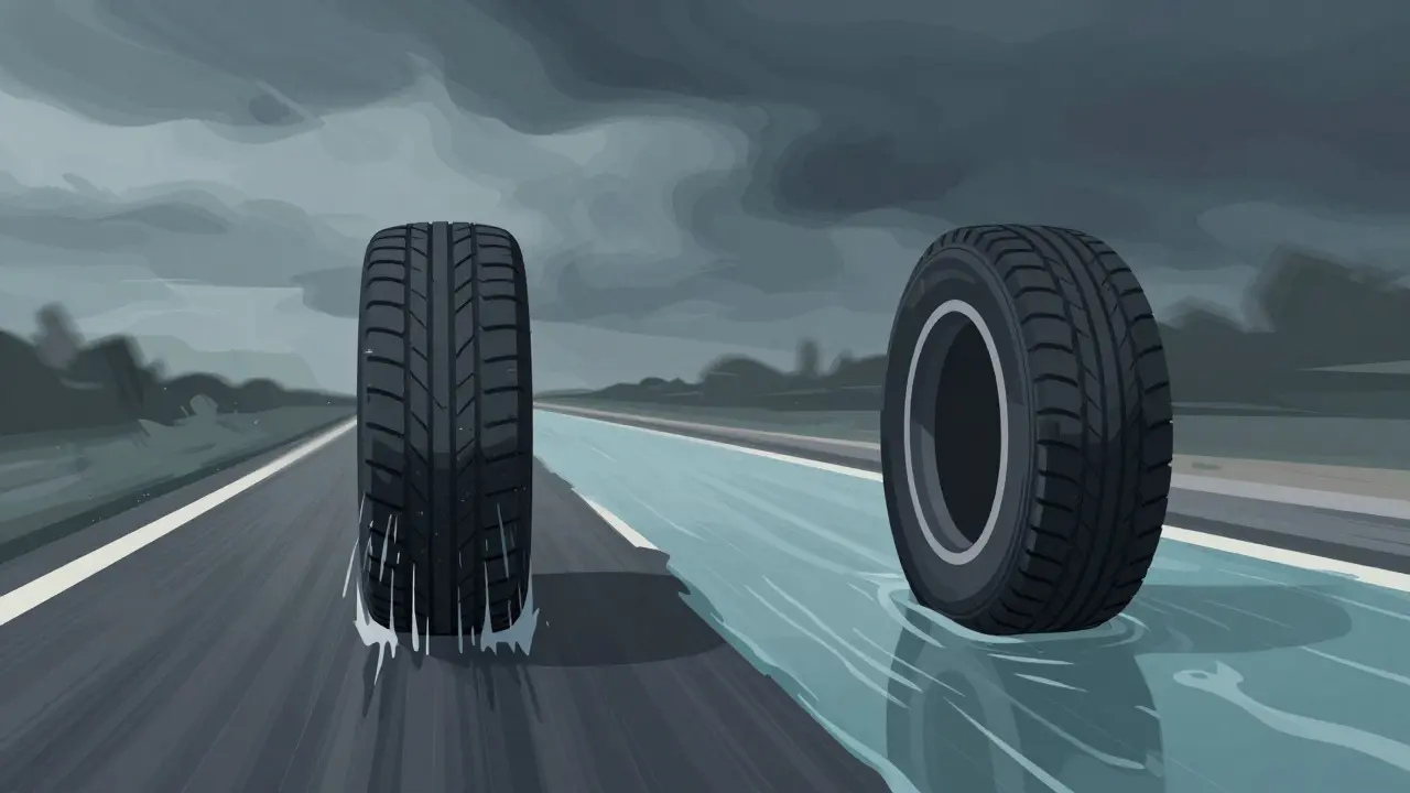 Rozdělený pohled na pneumatiku s dobrým a špatným vzorkem na mokré silnici.