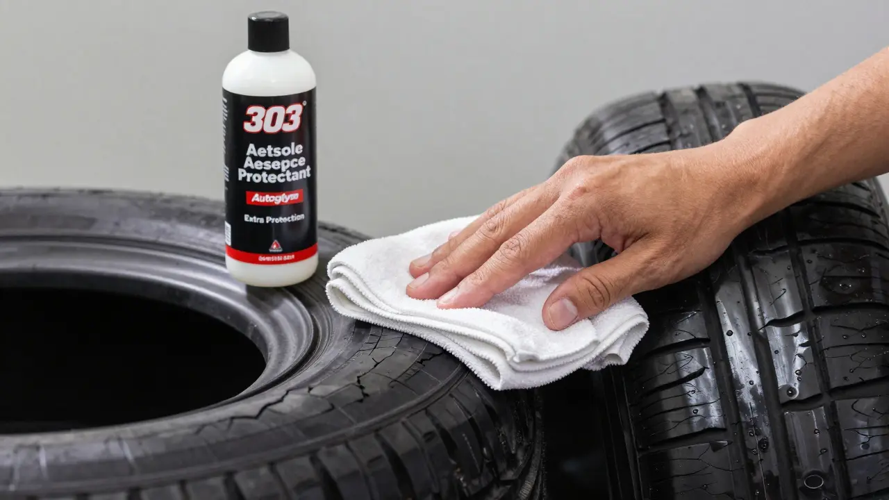 Ruka aplikující kondicionér na pneumatiku mikrovláknovým hadříkem, s láhví produktů na pozadí a porovnáním poškozené a obnovené pneumatiky.