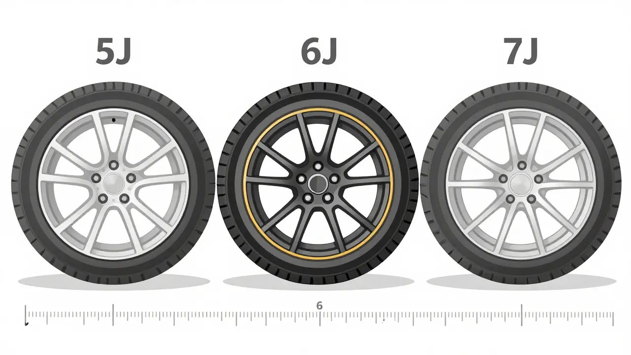 Srovnání tří typů kol: 5J, 6J a 7J s odpovídajícími pneumatikami