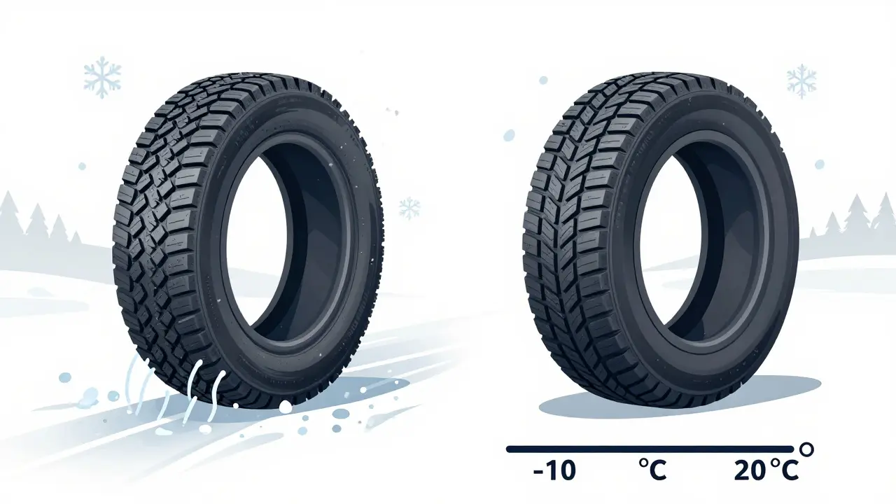 Srovnání zimních a celoročních pneumatik s detaily tvaru běžného a teplotním rozsahem.