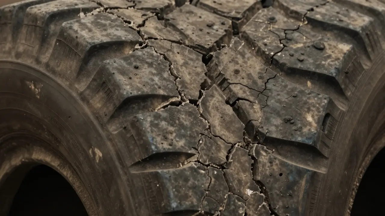 Stará pneumatika s trhlinami na boku.