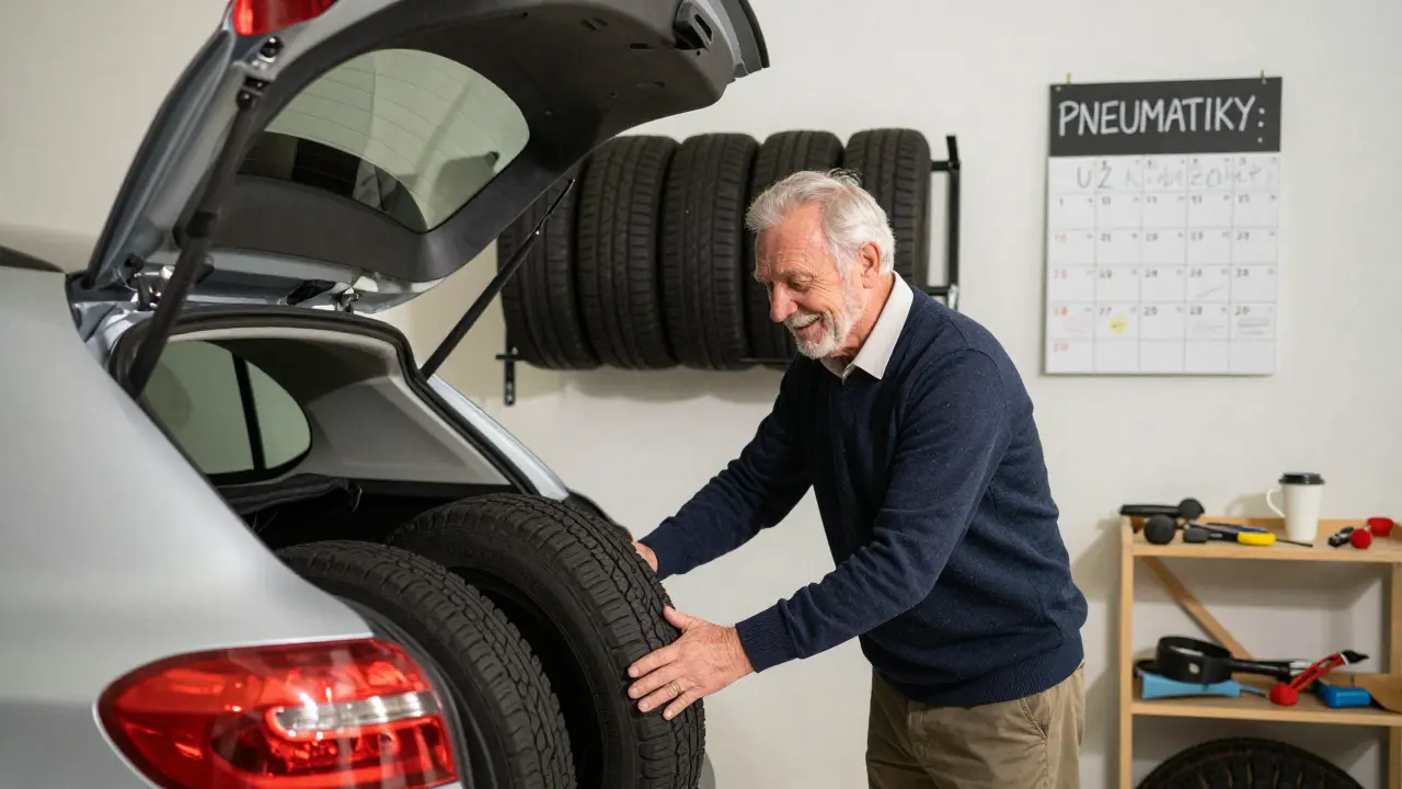 Starší řidič zavírá kufřík auta s celoročními pneumatikami, prázdné nosiče na pneumatiky na zdi.