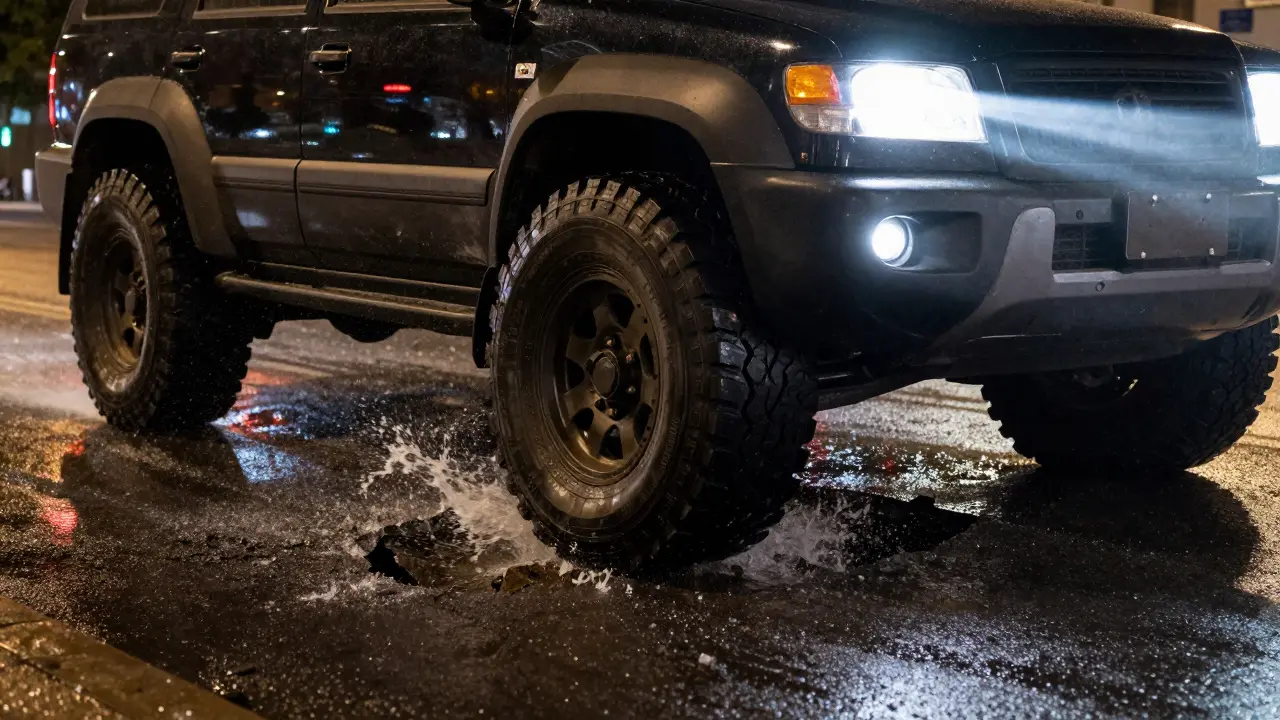 SUV při jízdě přes jámu s XL pneumatikami, které odolávají deformaci.