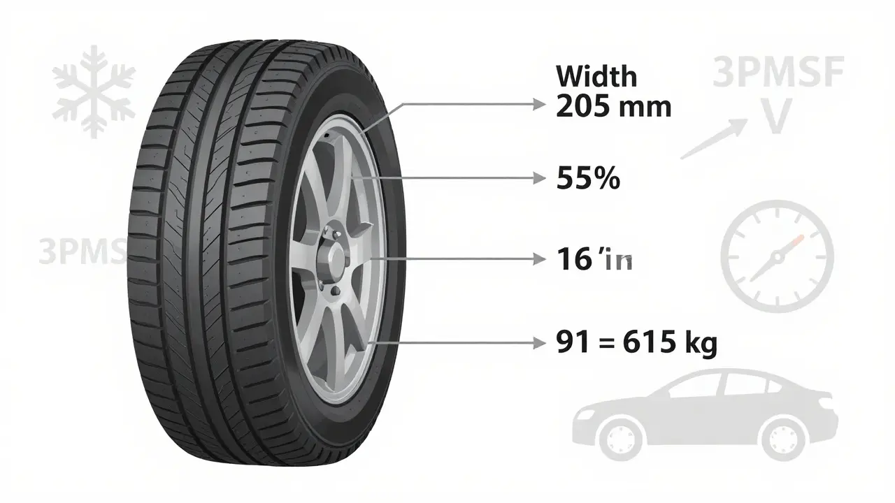 Technický náčrt pneumatiky s označenými rozměry a indexy zatížení a rychlosti.