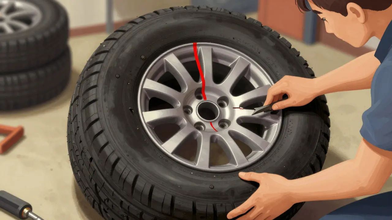 Technik při montáži pneumatiky, kdy zarovnává červený pruh s označením na disku