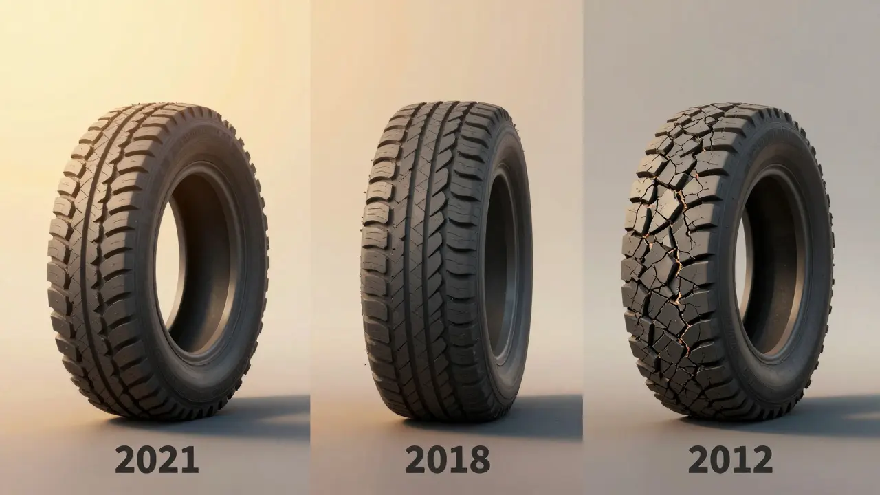 Tři pneumatiky různého věku, ukazující vliv skladování na jejich stav.
