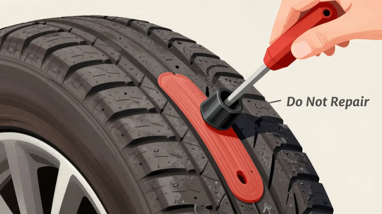 Vnitřní řez pneumatiky s vloženou zátkou a čisticím hrotom, díra je menší než 6 mm na běžné části.