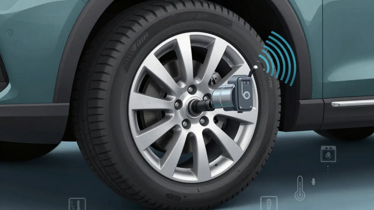 Vnitřní senzor v pneumatice s vysíláním dat do řídicí jednotky auta.