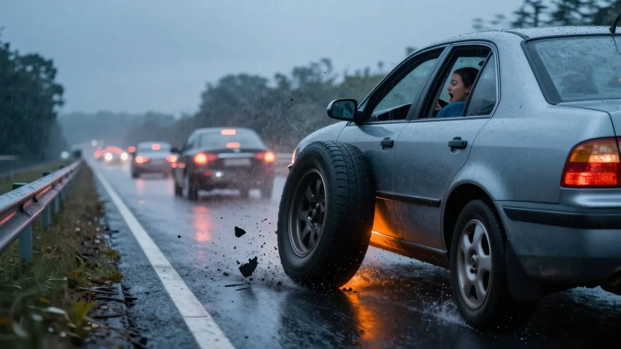 Vůz ztrácí kontrolu po prasknutí pneumatiky na dálnici, kolo exploduje ve vzduchu.