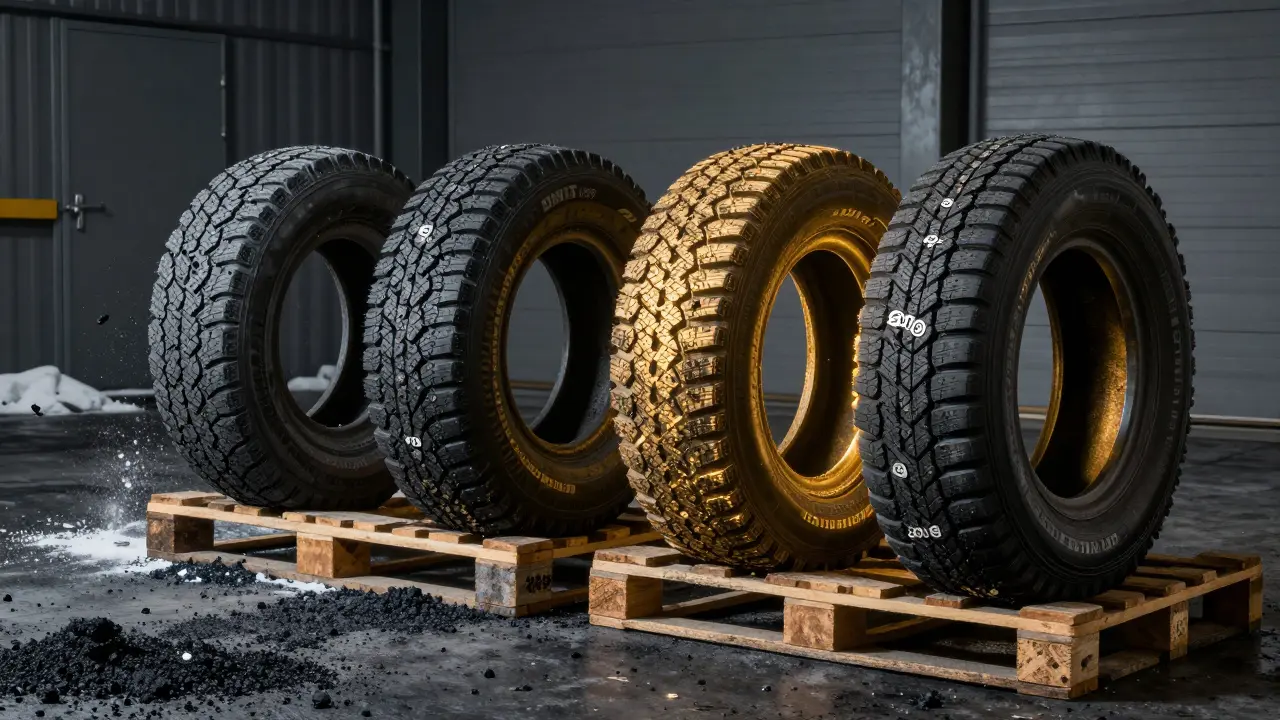 Zimní pneumatiky v recyklačním centru v Brně, připravované k recyklaci na dřevěných paletách.