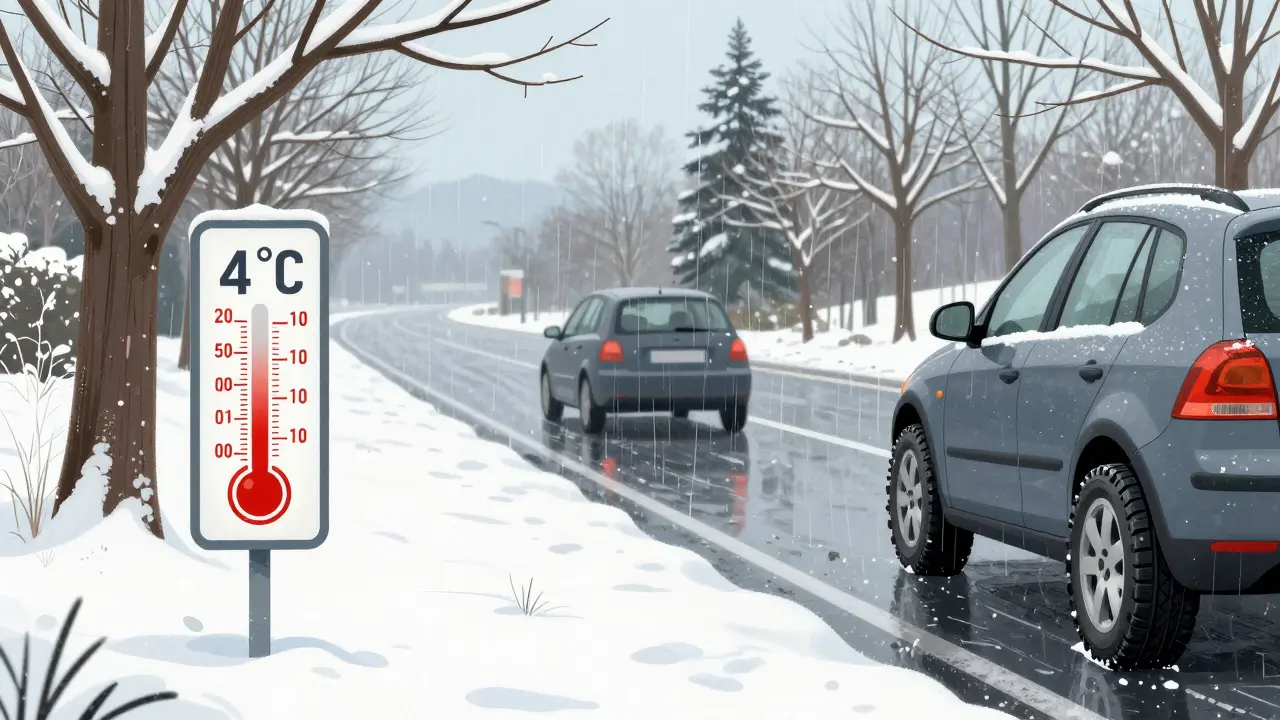 Česká cesta v březnu s autem na zimních pneumatikách a teploměrem ukazujícím 4 °C, za pozadím sněžené stromy.