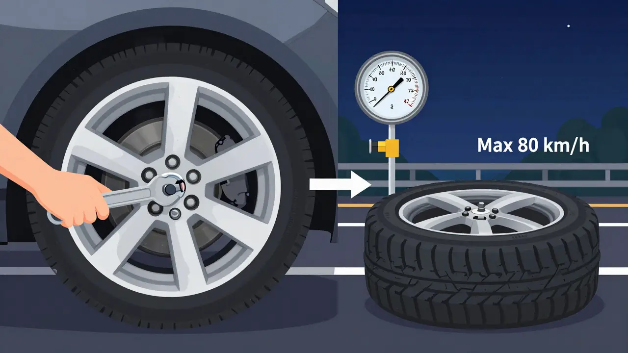 Diagram ukazující křížové dotahování šroubů na kole s ukázkou správného tlaku pneumatiky.
