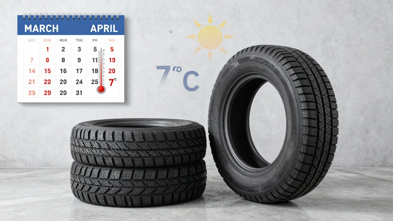 Dvě sady pneumatik — letní a zimní — uložené na chladném podlaze s teploměrem ukazujícím teplotu pod 7 °C.