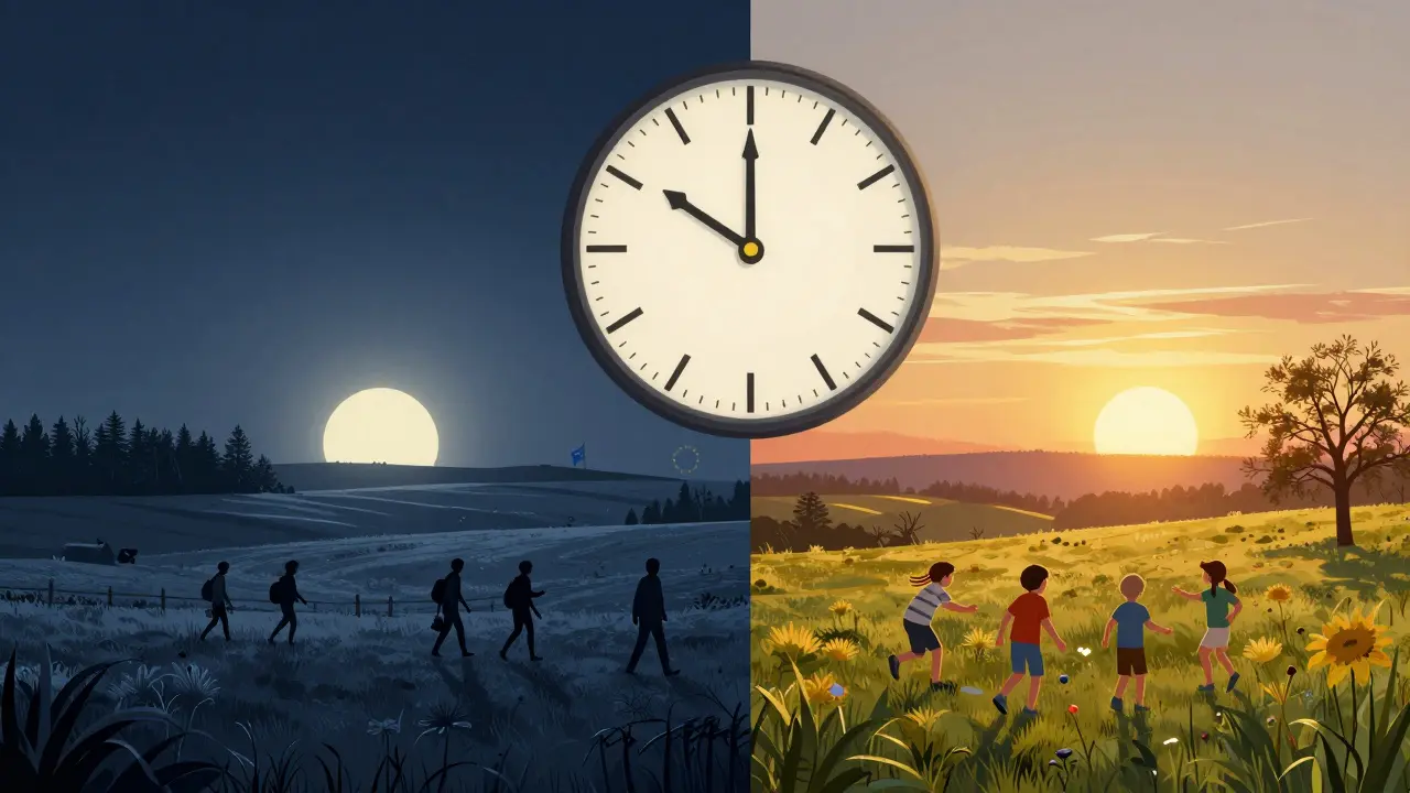 Dvě scény: jedna s temným ráno, druhá s jasným večerem – volba mezi trvalým zimním a letním časem.