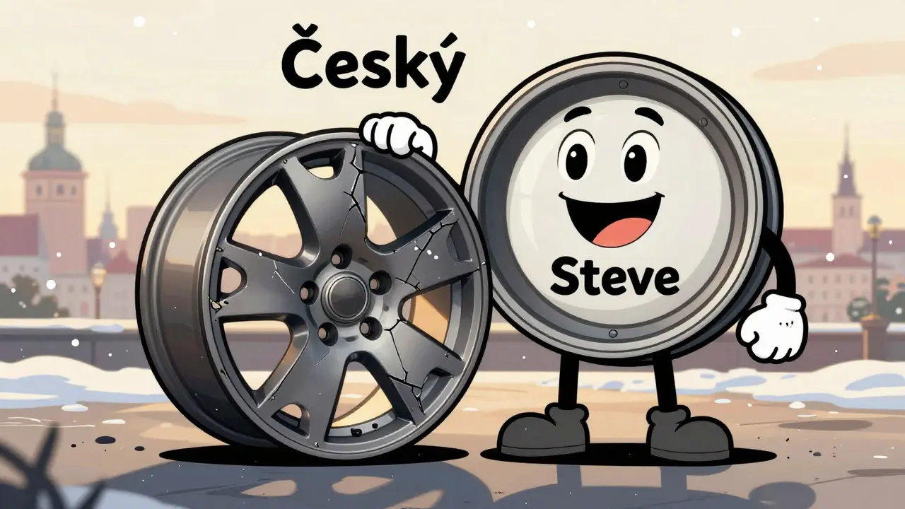 Kreslený ocelový ráfek 'Český Steve' stojí hrdě vedle poškozeného litého ráfku.