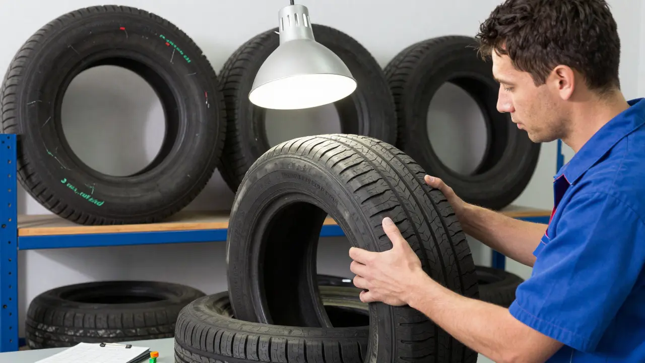 Mechanik kontrolyje použité pneumatiky s výrobním kódem v dílně.