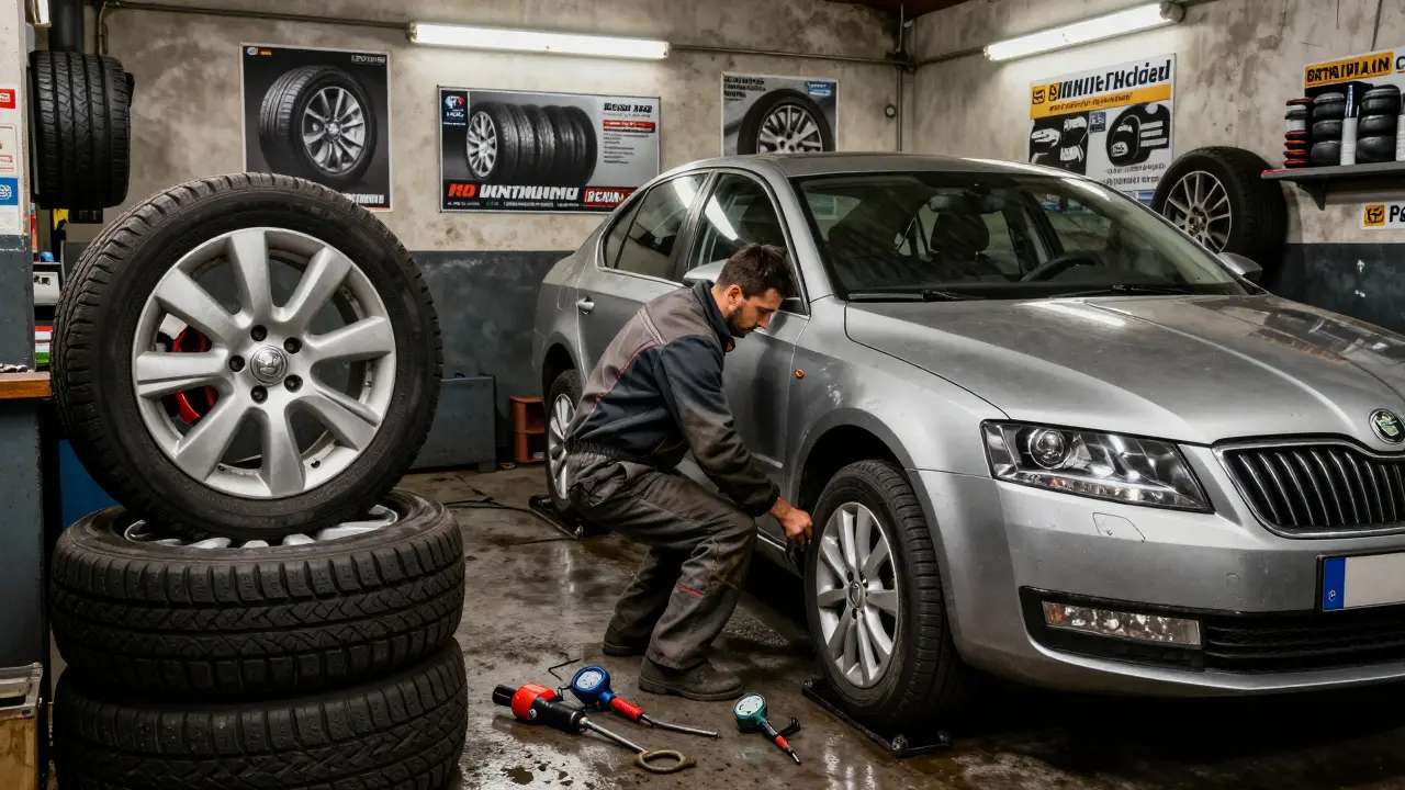 Mechanik v autodílně v Česku mění zimní ocelové ráfky na autě.