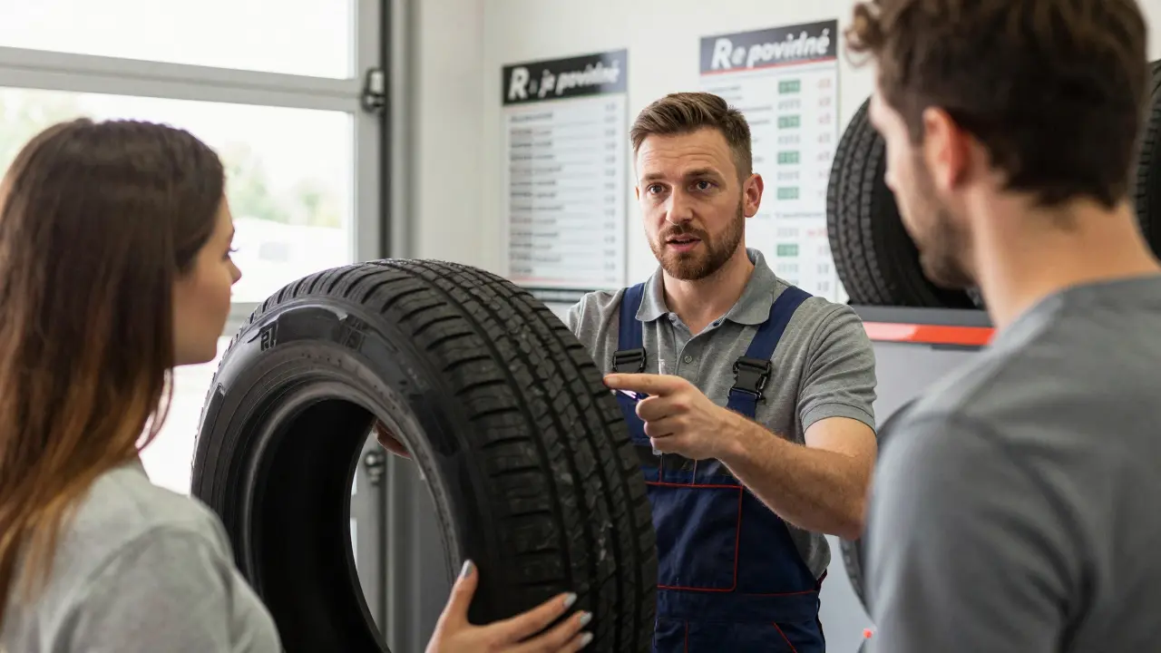 Mechanik v dílně vysvětluje zákazníkovi důležitost písmene R na pneumatice.