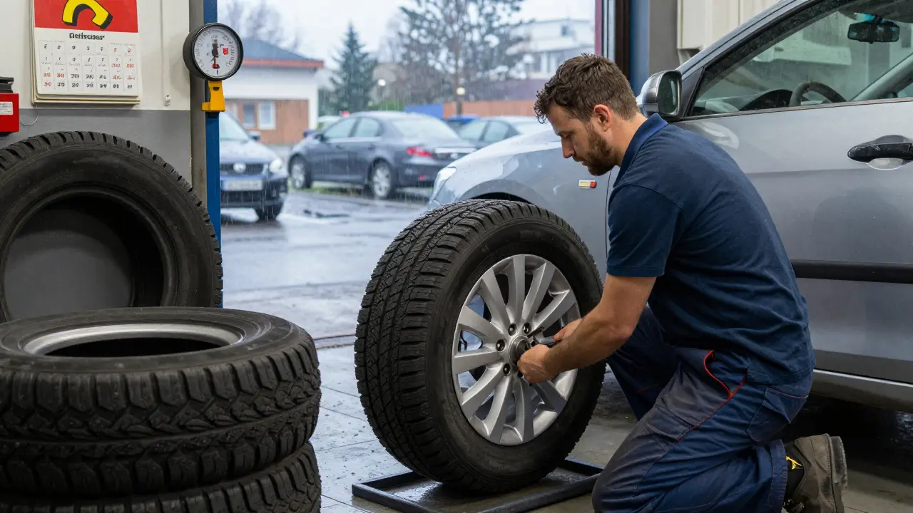 Mechanik v garáži mění letní pneumatiky na zimní při teplotě 5 °C.