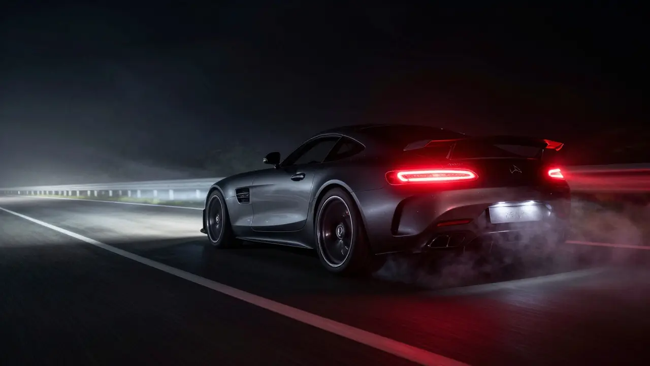 Mercedes-AMG GT v pohybu na silnici s viditelnou značkou MO1 na pneumatice při rychlém zatáčení.