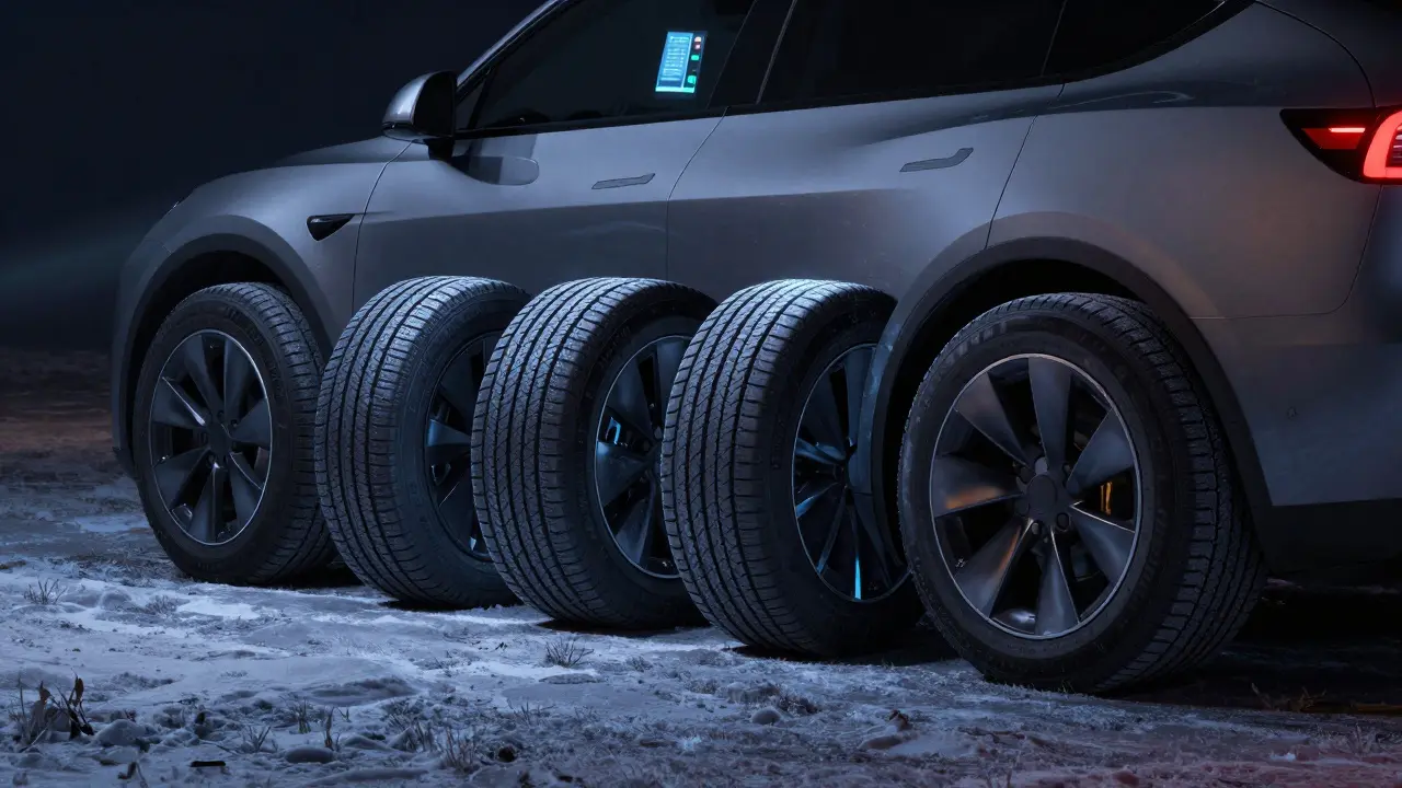 Moderní elektrické auto v noci s pneumatikami označenými modrým zářením, naznačujícím plnění dusíkem, ve sněhu a mrazu.