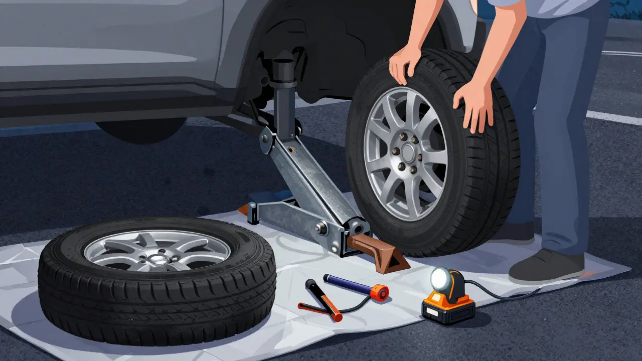 Osoba mění pneumatiku pomocí kovového zvedáku na pevné ploše, s kolečky zablokovanými a osvětlenou pracovní plochou.