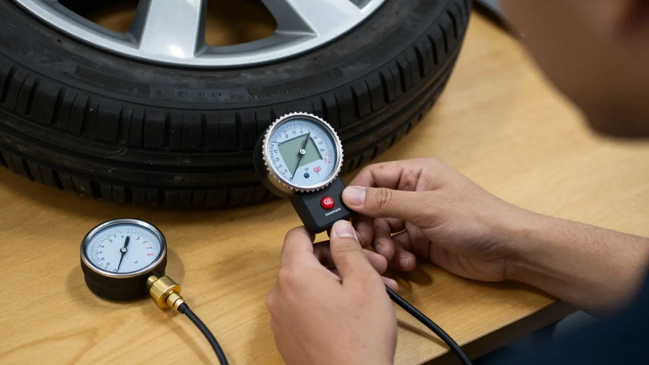 Osoba resetuje digitální tlakoměr výměnou baterie, s referenčním měřidlem na stole.