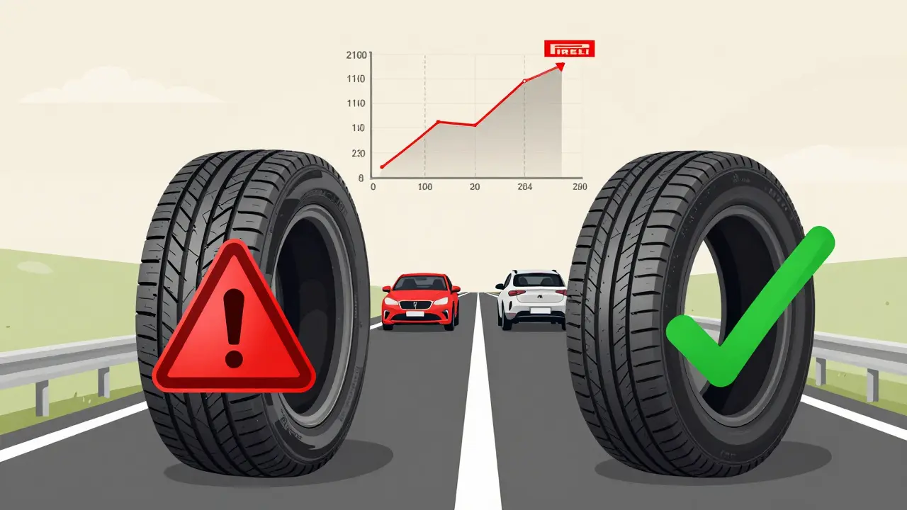 Porovnání opotřebené a nové pneumatiky s grafem životnosti a bezpečnostním varováním.