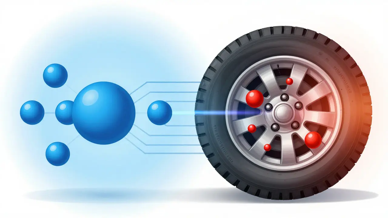 Porovnání vnitřní struktury pneumatiky naplněné dusíkem a vzduchem – dusík stabilní, vzduch způsobuje oxidaci kovu.