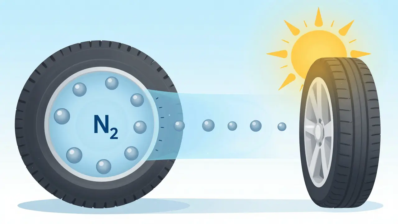 Přehledný diagram srovnává stabilitu dusíku a vzduchu uvnitř pneumatiky.