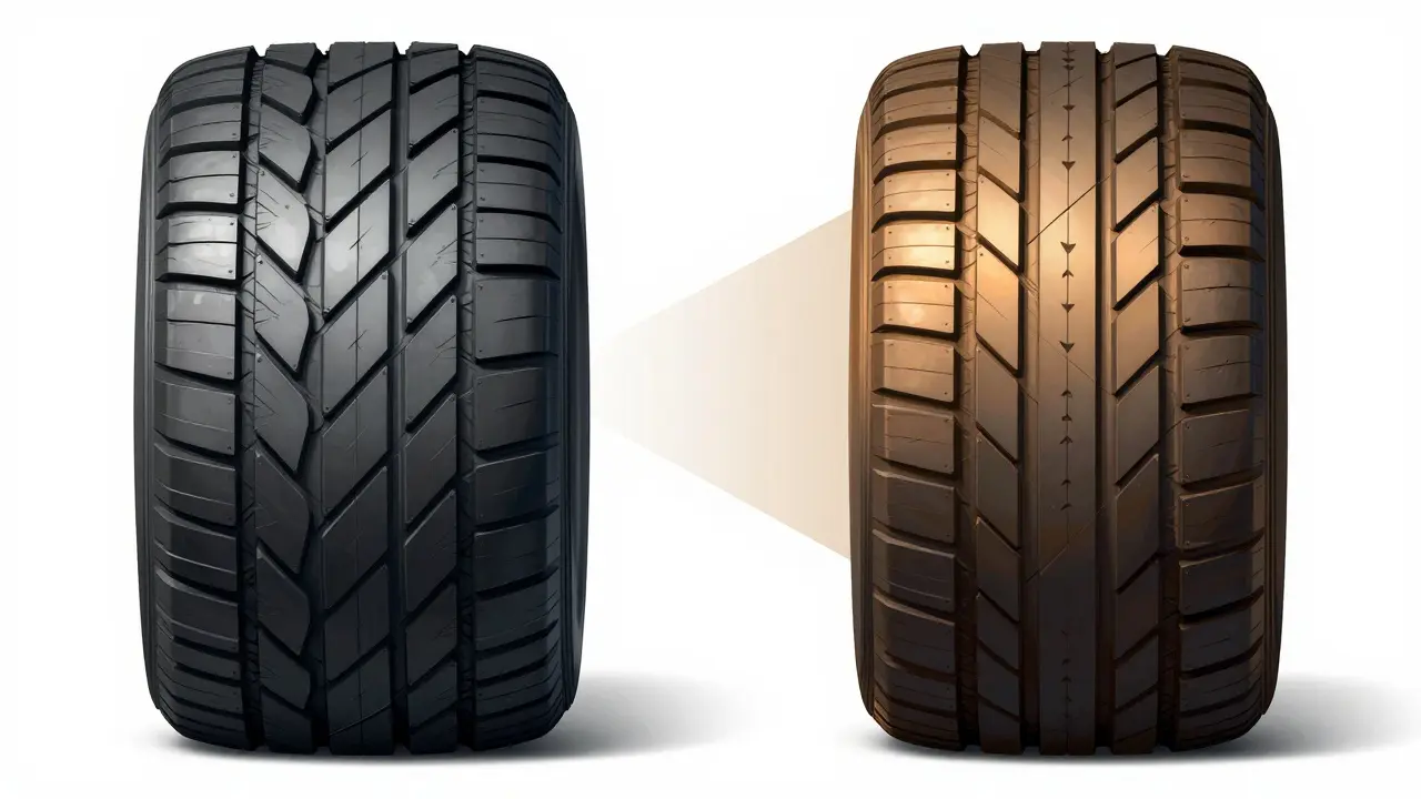 Příčný řez dvou typů pneumatik: diagonální vs. radiale s viditelnými nitěmi.