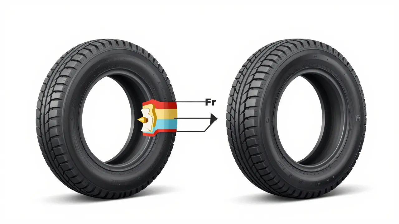 Průřez dvou pneumatik — standardní a zesílené Fr — s viditelnými rozdíly v konstrukci boku.