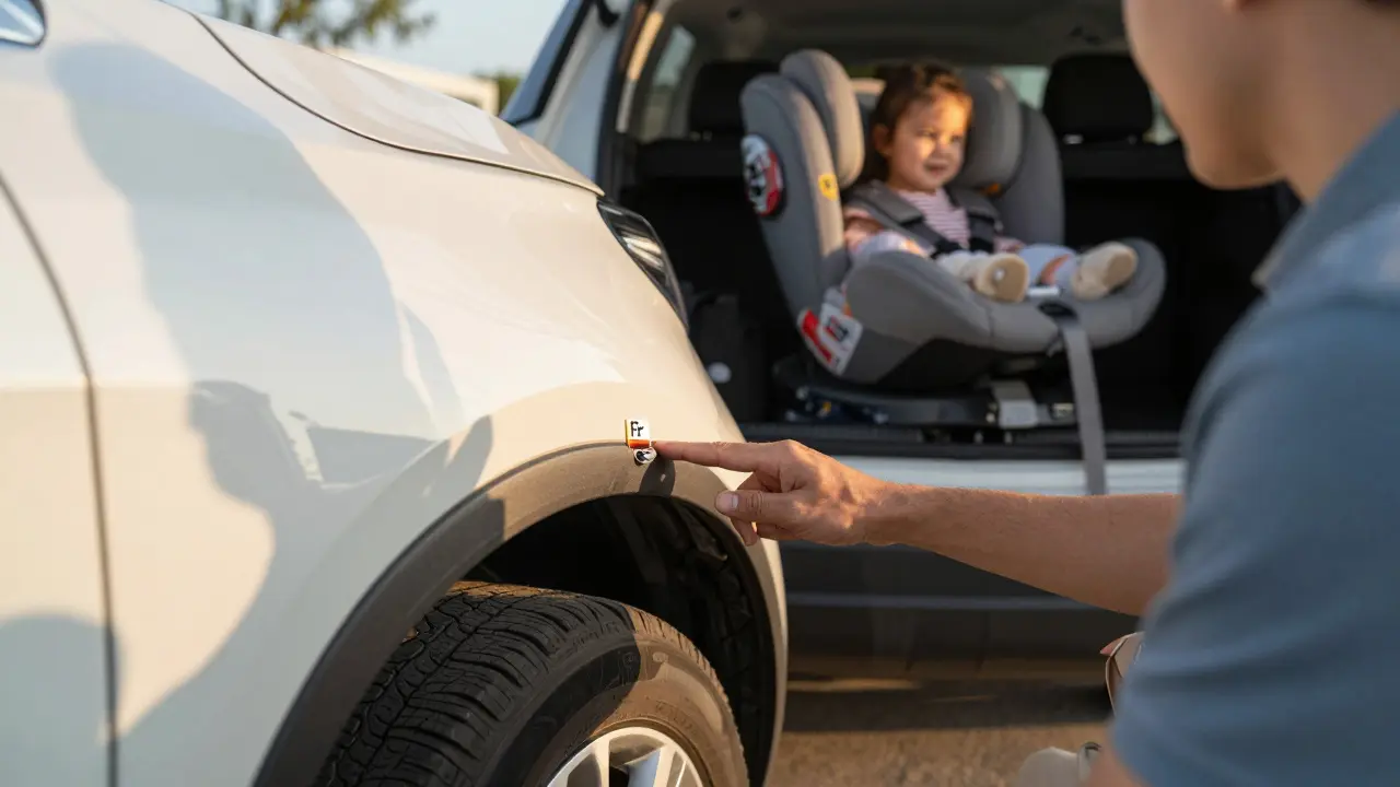 Řidič kontroluje technickou štítku vozidla s označením Fr při naloženém SUV.