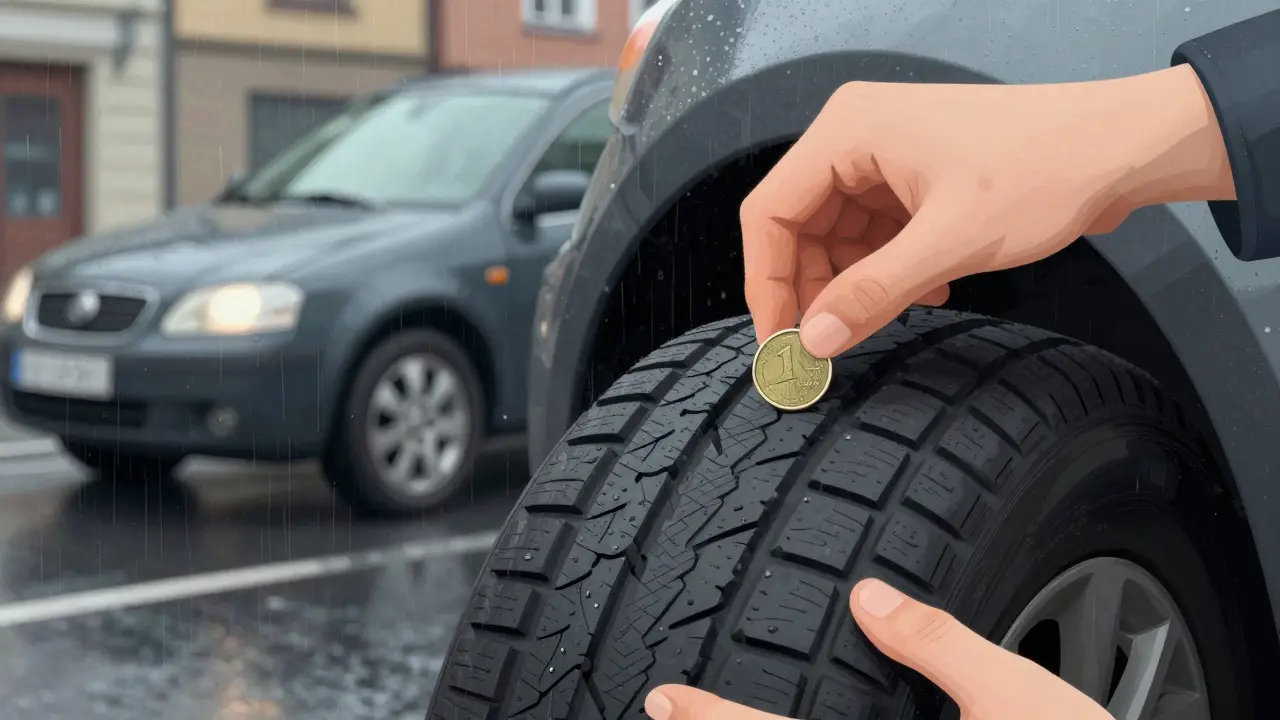 Řidič kontroly hloubky běhu pneumatiky pomocí mince 1 Kč