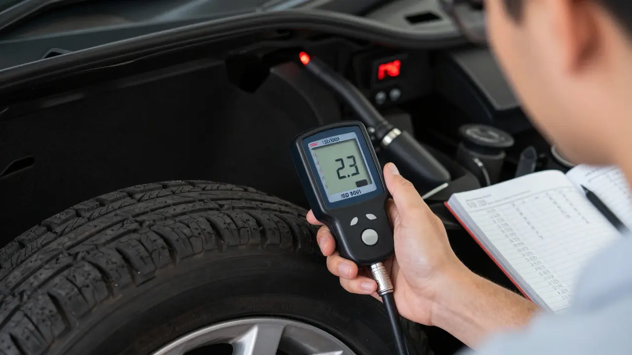 Řidič měří tlak v pneumatice certifikovaným digitálním tlakoměrem, TPMS varování na dashboardu.