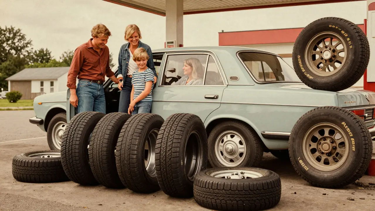 Rodina v autě s novými pneumatikami na servisu, stará pneumatika je v koši.