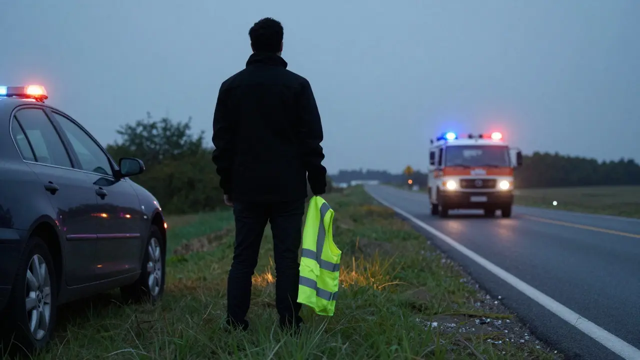 Silueta osoby stojící bezpečně pryč od silnice s odrazovou vestou, zatímco auto s prasklou pneumatikou zůstává s nouzovými světly.