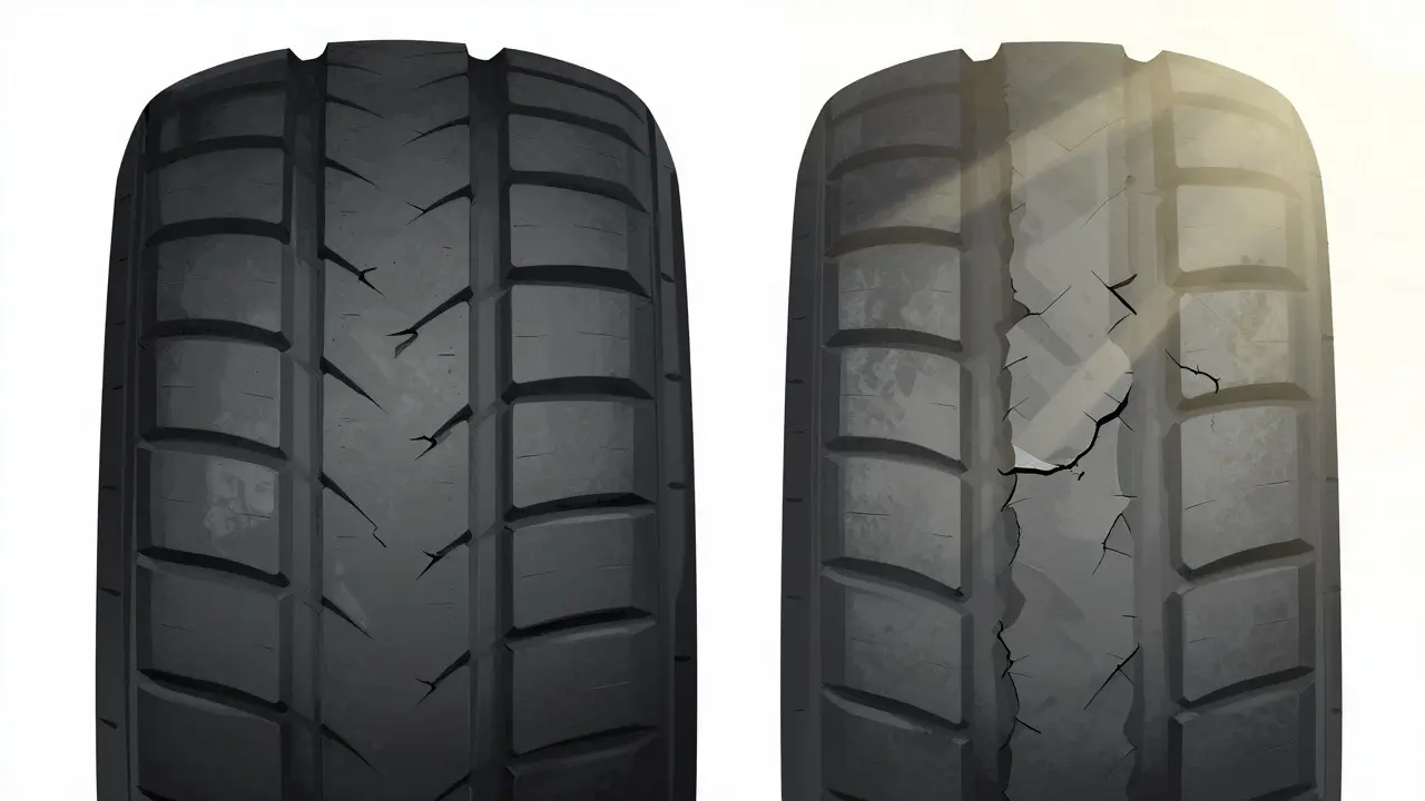 Srovnání zdravé a poškozené pneumatiky s trhlinami a matným povrchem.