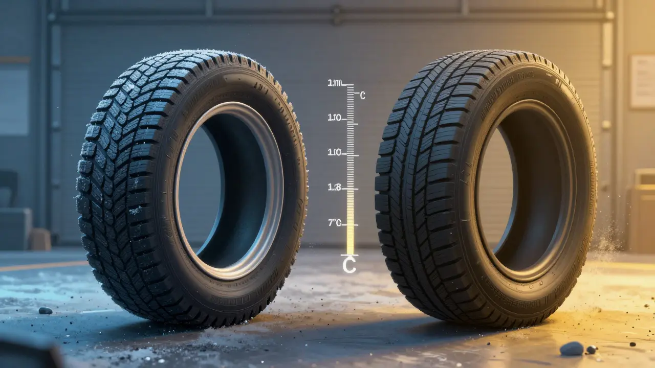 Srovnání zimních a letních pneumatik s označením kritické teploty 7 °C.